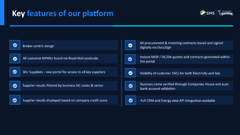 Key features of the SMS Genius Broker Portal platform