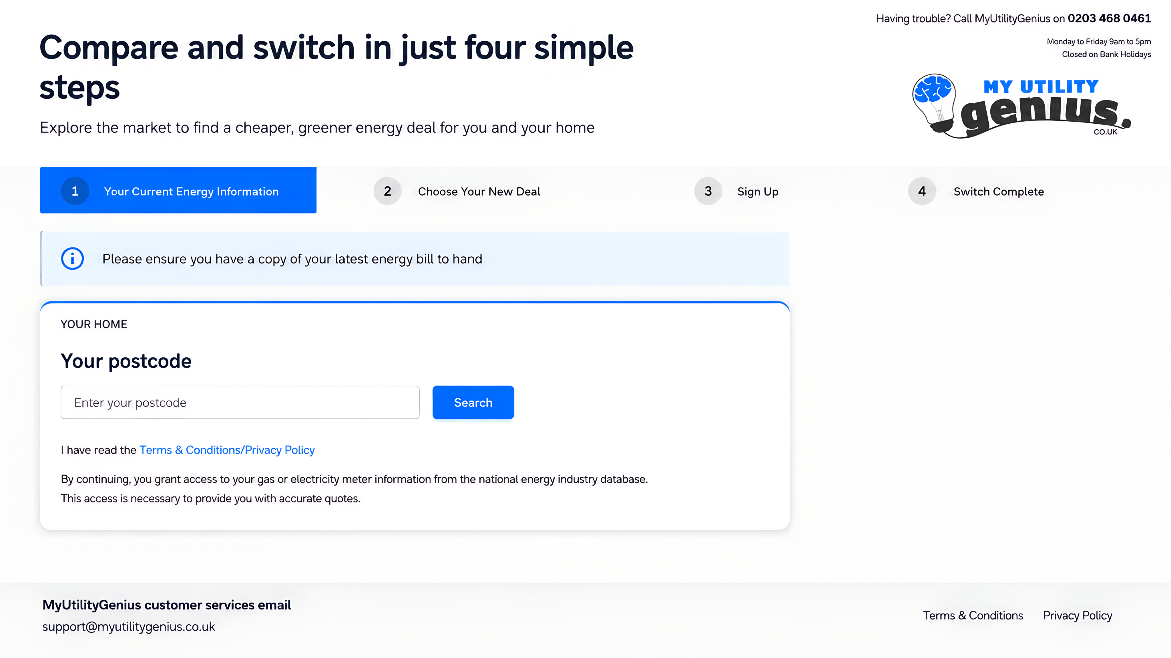 Online Platform — enter postcode to start energy comparison