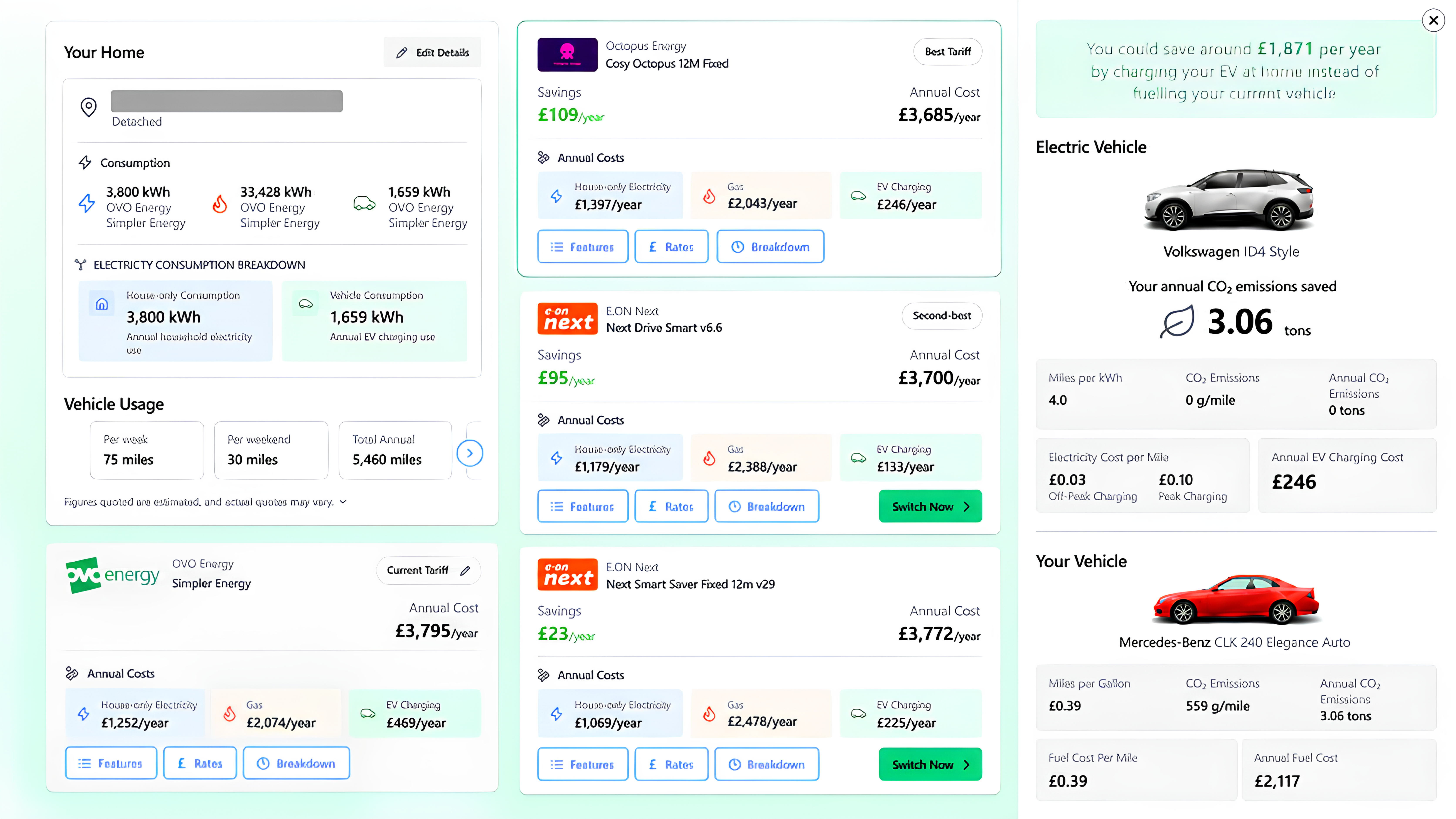 Online Quote Generation — EV vs current vehicle cost and emissions comparison