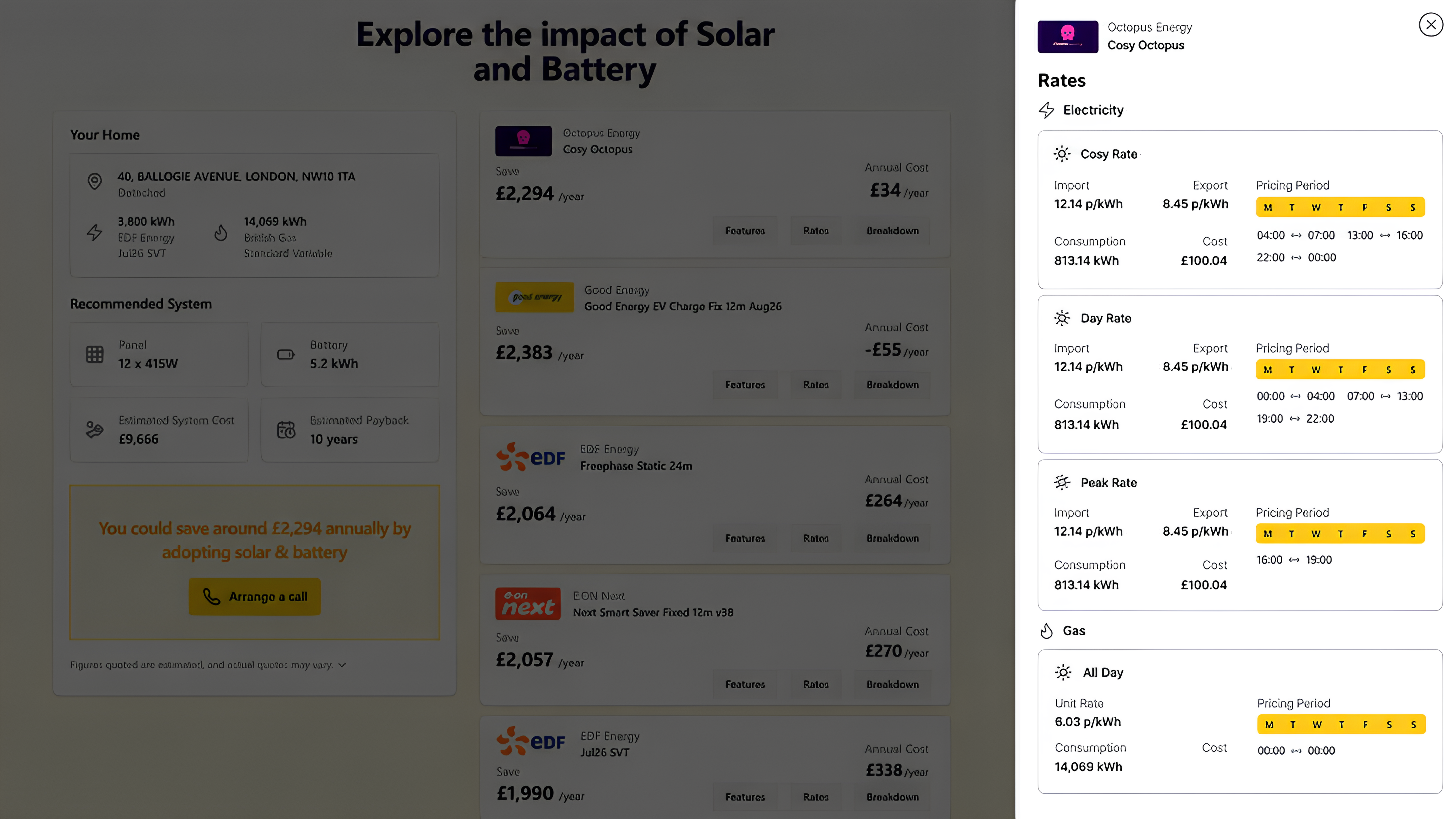Online Quote Generation — tariff rates detail for solar and battery