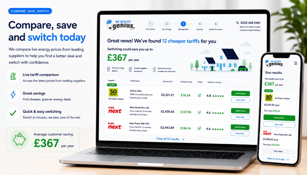 Compare, save and switch today — live energy tariff comparison on desktop and mobile